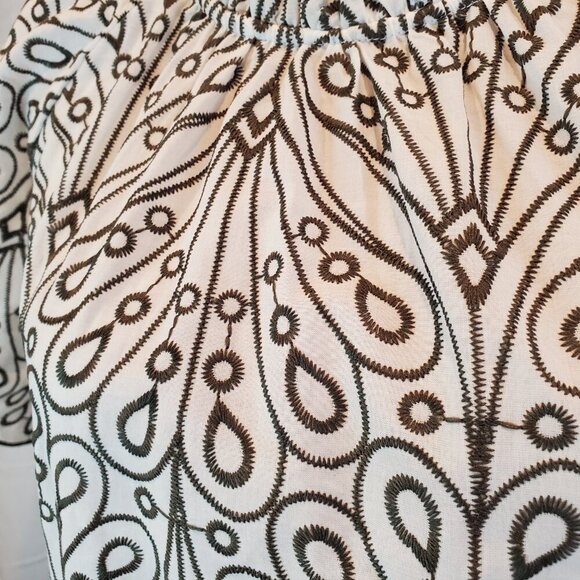 LOFT SZ S Embroidered Pattern Olive/Taupe & White 100% Cotton Short Sleeve Top - Picture 4 of 8